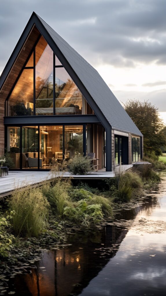 Modern A-frame house with large glass windows overlooking a serene pond, surrounded by lush vegetation and a partially cloudy sky.