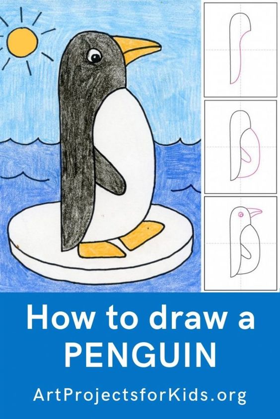 Child's drawing guide on how to draw a penguin
