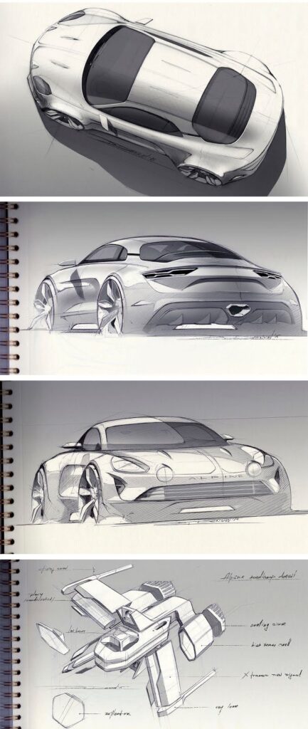 Concept car sketches showcasing various perspectives and futuristic design elements, artistically drawn in a spiral-bound notebook.