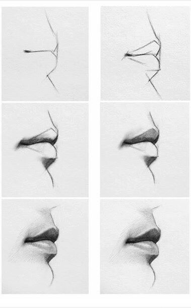 Step-by-step drawing guide showing how to sketch realistic human lips from basic geometry forms to detailed shading.