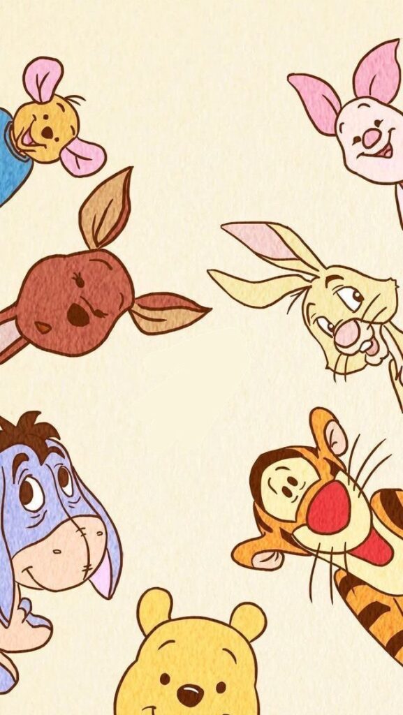 Cute illustration of Winnie the Pooh characters including Pooh, Tigger, Eeyore, Piglet, Rabbit, Roo, and Kanga.