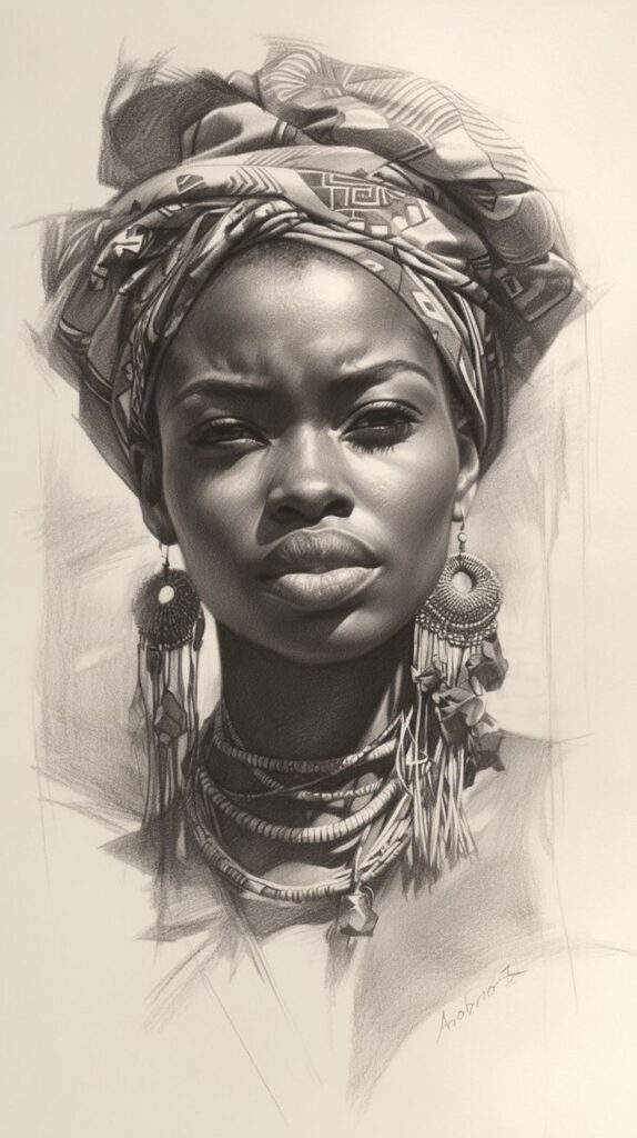 Pencil drawing of a woman in traditional African attire with head wrap.