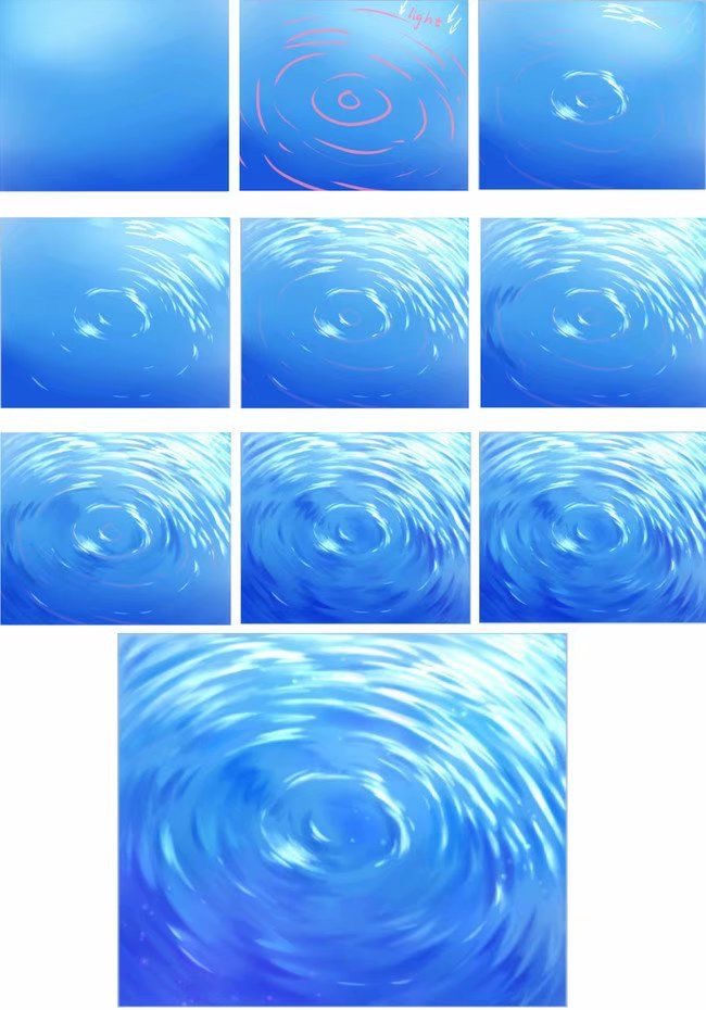 Digital art sequence showing the development of water ripples in bright blue shades, illustrating animation progress.