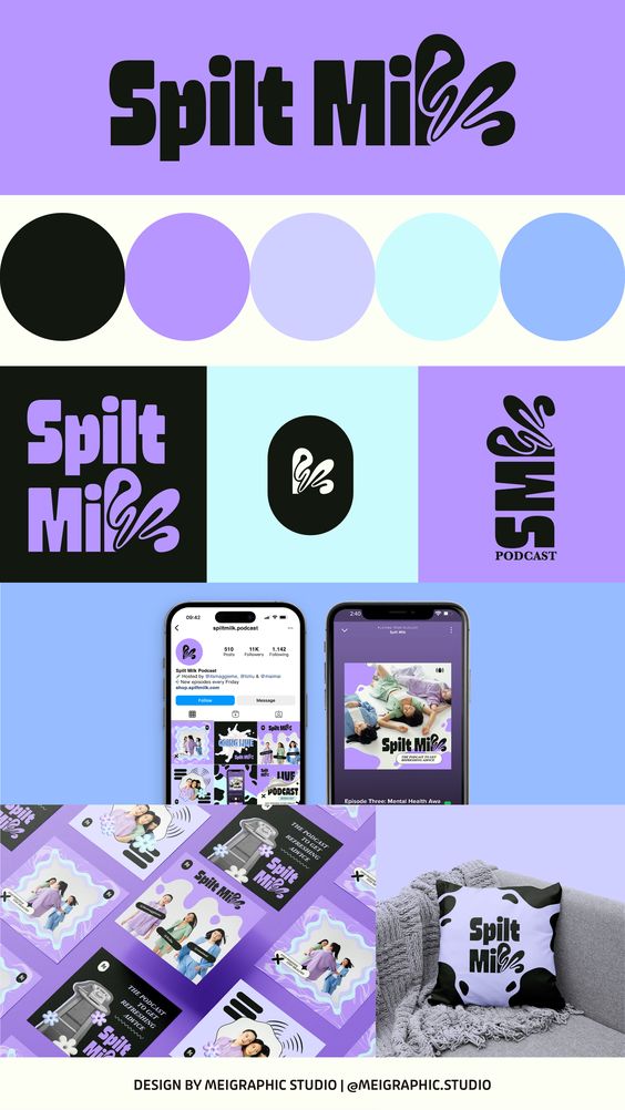 Spilt Milk podcast branding design by Meigraphic Studio, featuring logos, color palette, and promotional materials in purple and black.