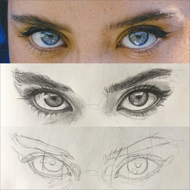 Close-up of a person's eyes and progressive drawing stages.