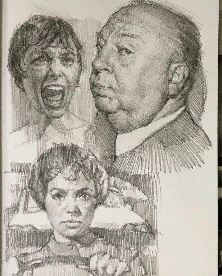 Sketches of three expressive faces, pencil portrait drawings on paper.