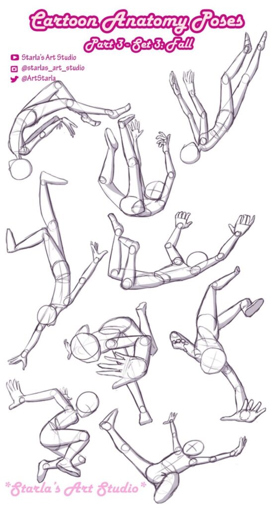 Cartoon anatomy poses for falling characters, part 3, set 3, by Starla’s Art Studio. Various dynamic action poses.