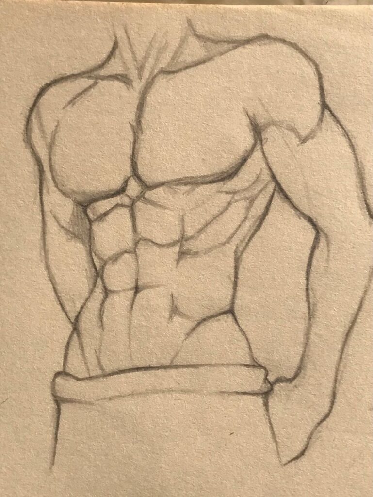 Hand-drawn sketch of a muscular male torso showcasing detailed abs and chest muscles.