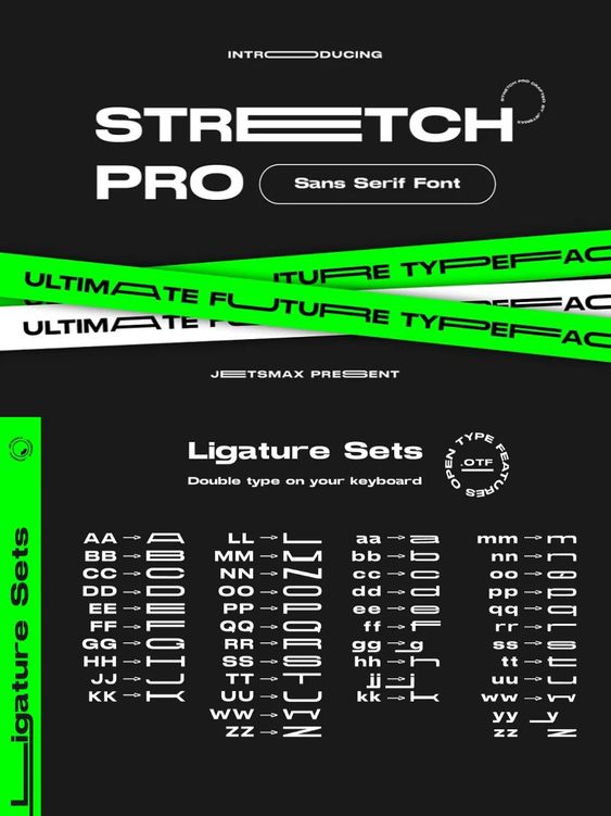 Introducing Stretch Pro Sans Serif Font with ligature sets by Jetsmax, featuring ultimate futuristic typeface design.