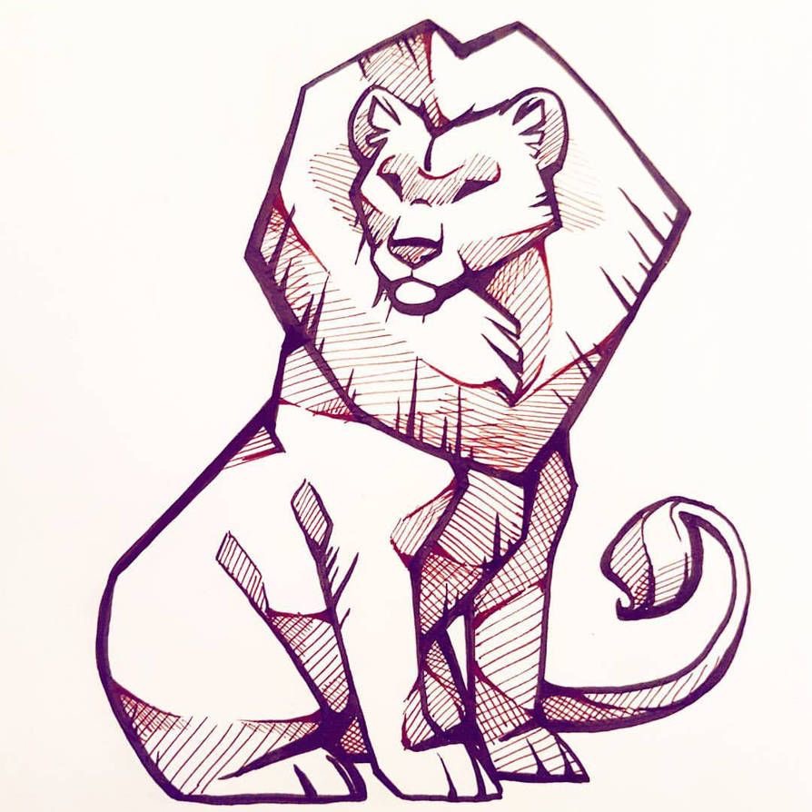 Minimalist geometric lion illustration in black ink, showcasing intricate linework and bold shading. Modern wall art concept.