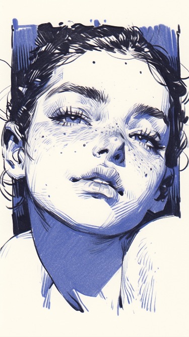 Monochromatic blue illustration of a freckled person with an expressive gaze, looking slightly upwards. The drawing focuses on the face, with visible shading and facial details.