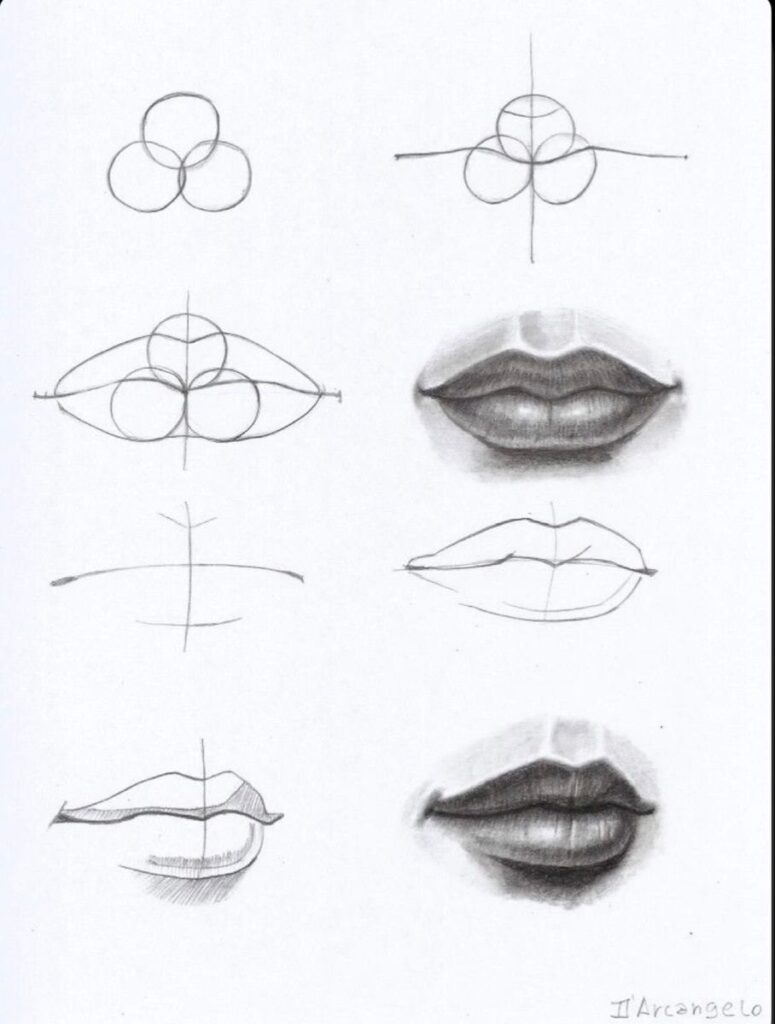 Step-by-step pencil drawing tutorial showing how to sketch realistic lips from geometric shapes to shading details.