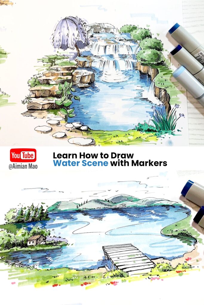 Learn how to draw stunning water scenes with markers, featuring waterfall and lakeside art. YouTube: @Aimian Mao.
