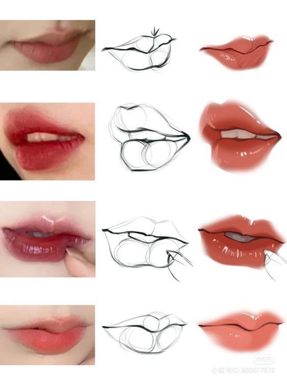 Lips drawing tutorial with photos and steps, showing progression from sketch to colored lips in four stages.