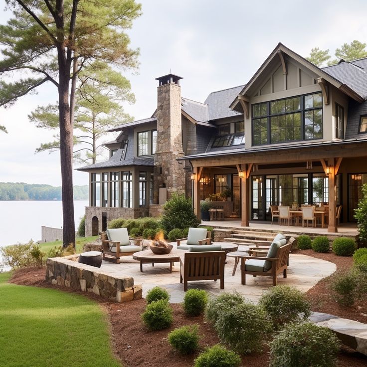 Luxurious lakeside home with stone detailing, spacious outdoor patio, and serene water views, perfect for relaxation and entertaining.