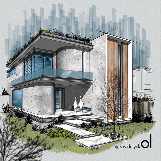 Modern architectural sketch of a two-story house with large windows, balconies, and greenery on the rooftop and surroundings.