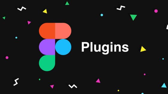 Figma logo on the left with the text "Plugins" next to it, displayed on a black background with colorful geometric shapes scattered around.