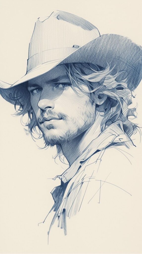 Pencil sketch of a man with a hat, exuding a rugged charm.