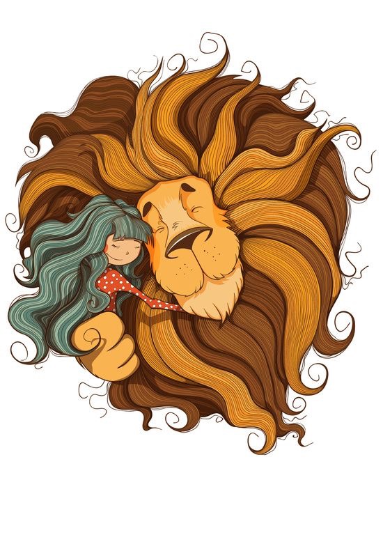 Illustration of a girl with blue hair hugging a lion with a voluminous mane, showcasing a bond between human and animal.