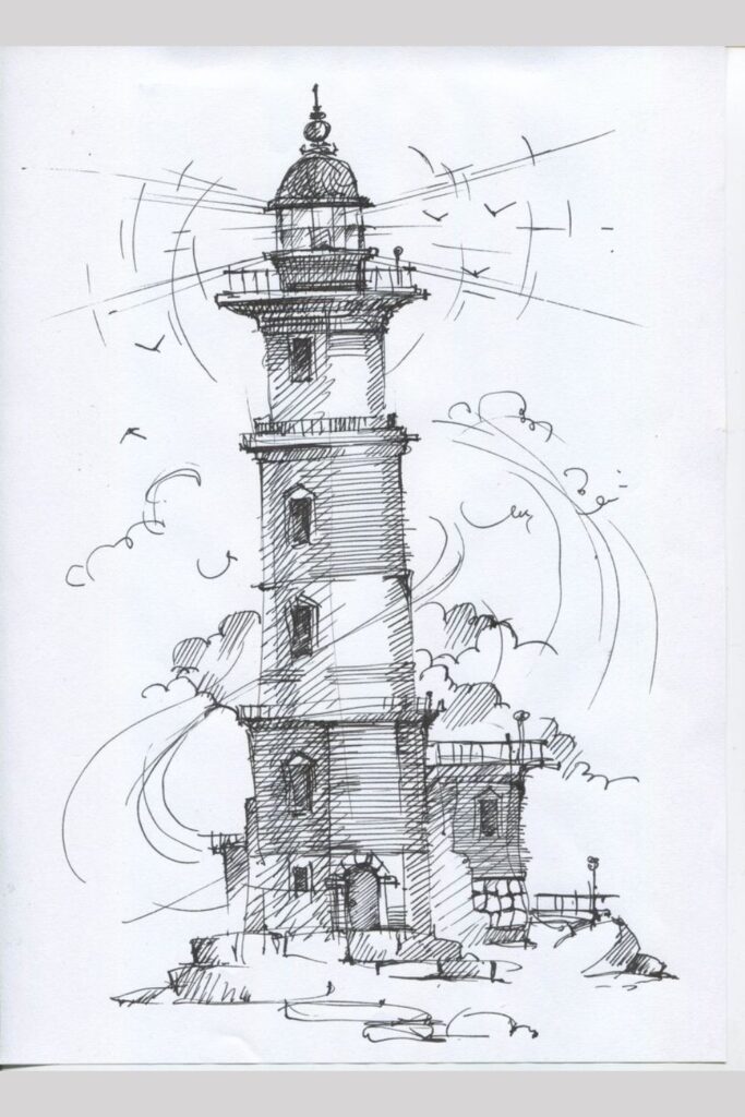 A black and white sketch of a lighthouse on a rocky base, surrounded by clouds and birds in the sky. The lighthouse has a circular tower with a domed top and a railing near the light.