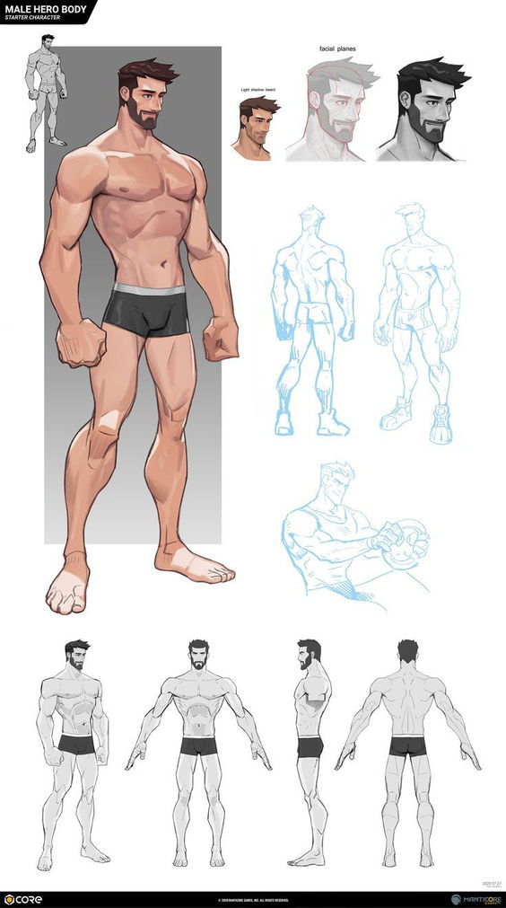 Illustrated male hero body character design with various poses, facial guides, and anatomy sketches for animation or comics.