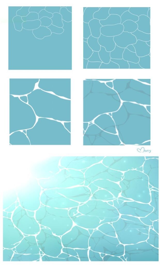 Step-by-step guide illustrating the changing refractions and reflections of light on water surfaces.