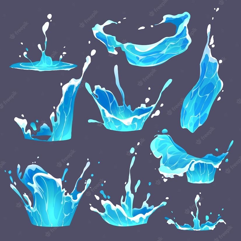 Illustration of dynamic blue water splashes on a dark background, showcasing various splash shapes and movements.