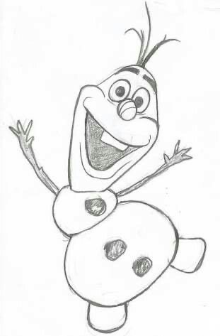 Hand-drawn sketch of Olaf, a cheerful snowman from Frozen, dancing joyfully with a broad smile and raised arms.