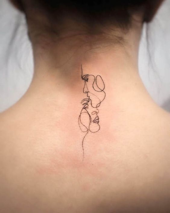 Minimalist neck tattoo in continuous line art depicting two abstract human faces.