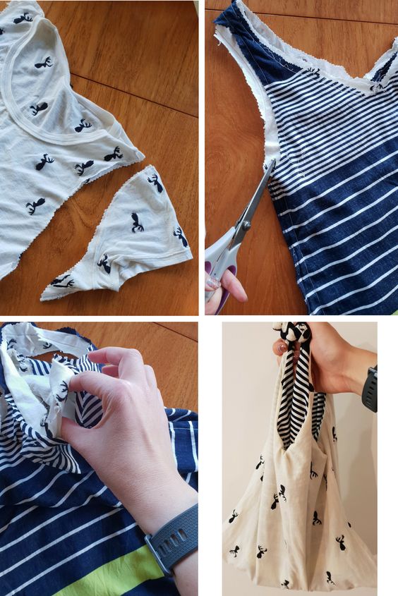 DIY T-shirt to tote bag transformation: Cutting and sewing steps shown, resulting in a stylish, reusable fabric bag.