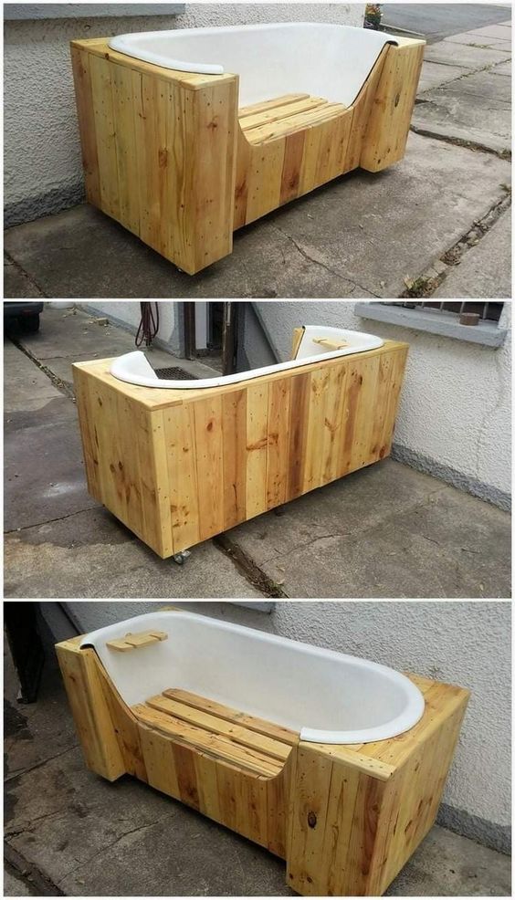 Wooden bathroom bench with built-in white bathtub, outdoor DIY project for stylish rustic home decor, three angles view.