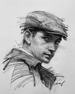 Charcoal sketch of a man with a newsboy cap looking over shoulder.