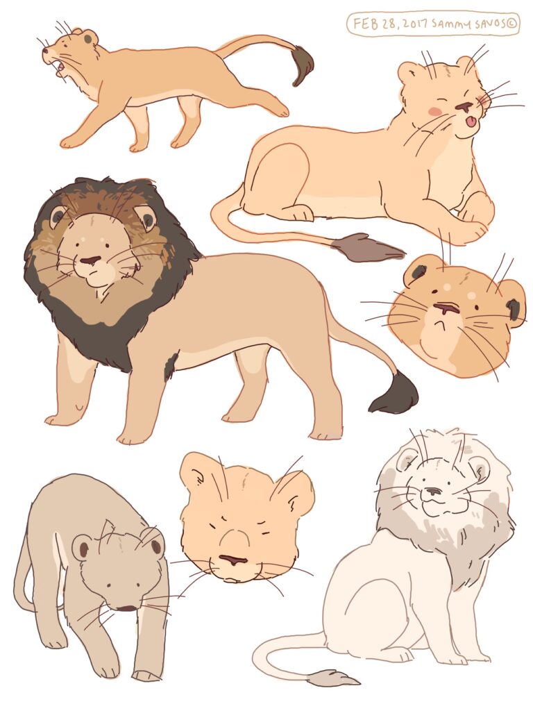 Illustrated lions in various poses, including a lion cub, an adult lion, and a lioness. Dated Feb 28, 2017, by Sammy Sandos.