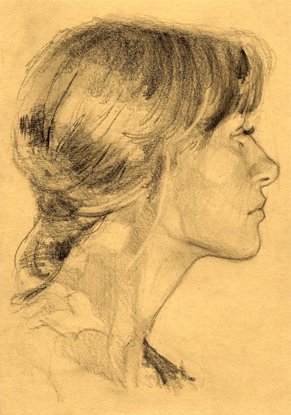 Vintage style pencil sketch of a woman in profile on textured paper.