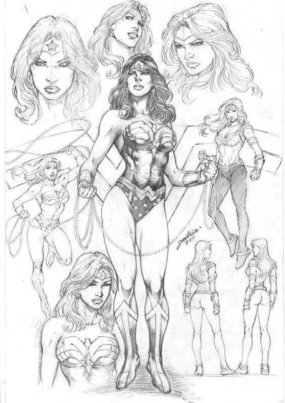 Pencil sketches of a female superhero in various poses, showcasing detailed costume design and facial expressions.