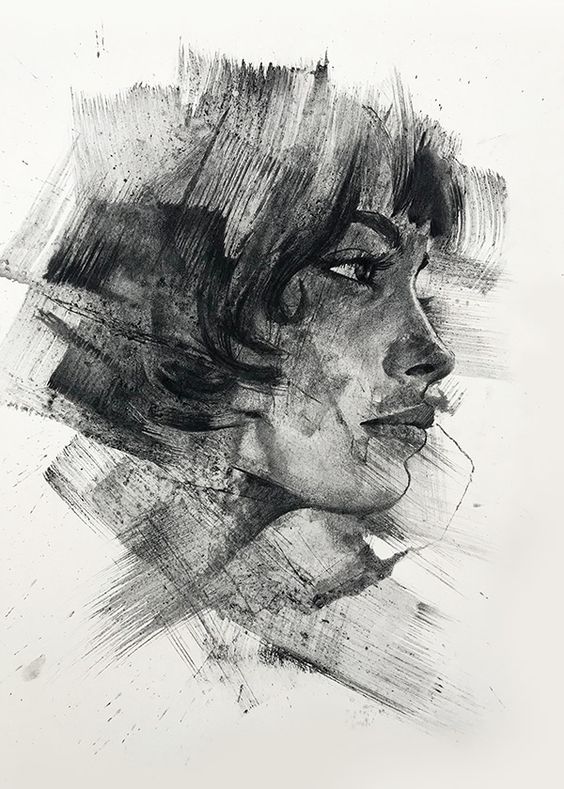 Monochrome sketch of a woman with short hair in profile view, featuring textured shading and brush strokes.