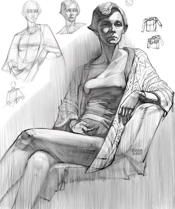A detailed pencil sketch of a seated woman in a robe, surrounded by smaller studies and sketches of her pose and features.
