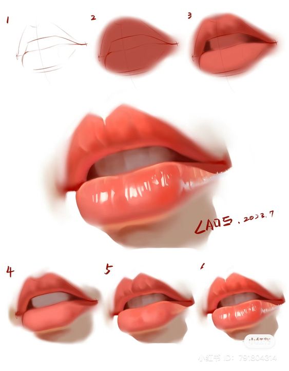 Digital art tutorial showcasing multiple steps in drawing glossy red lips.