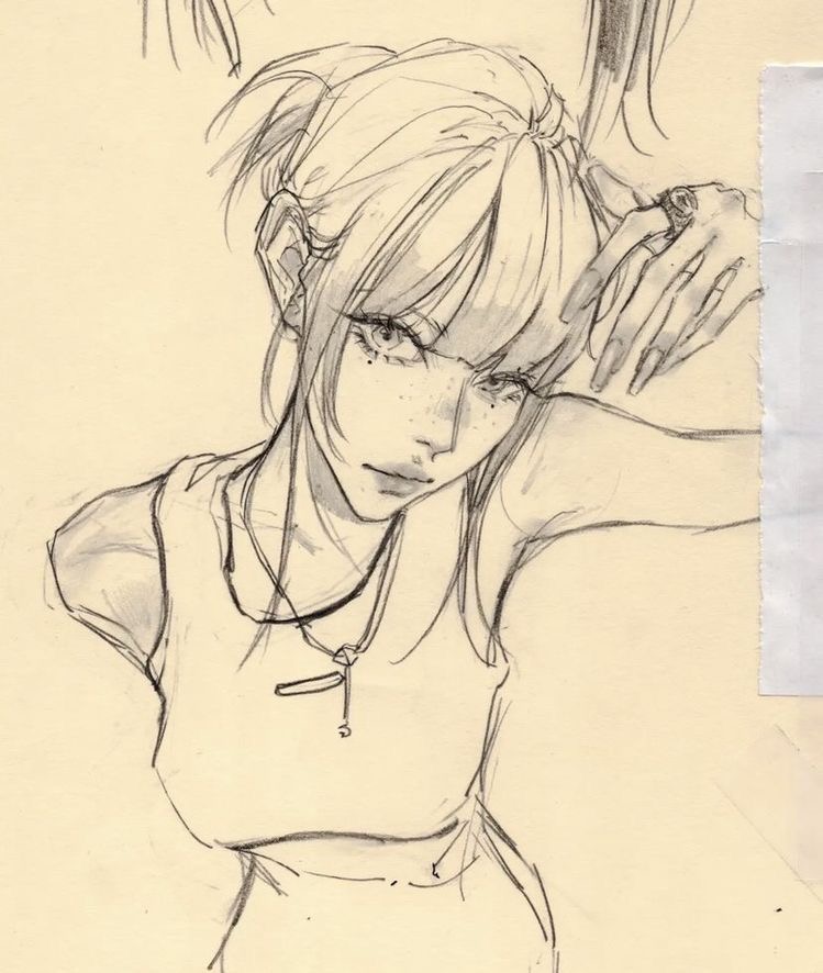 A sketch of a person with a ponytail, wearing a tank top and resting their head on one hand. The illustration is detailed with shading and fine lines.