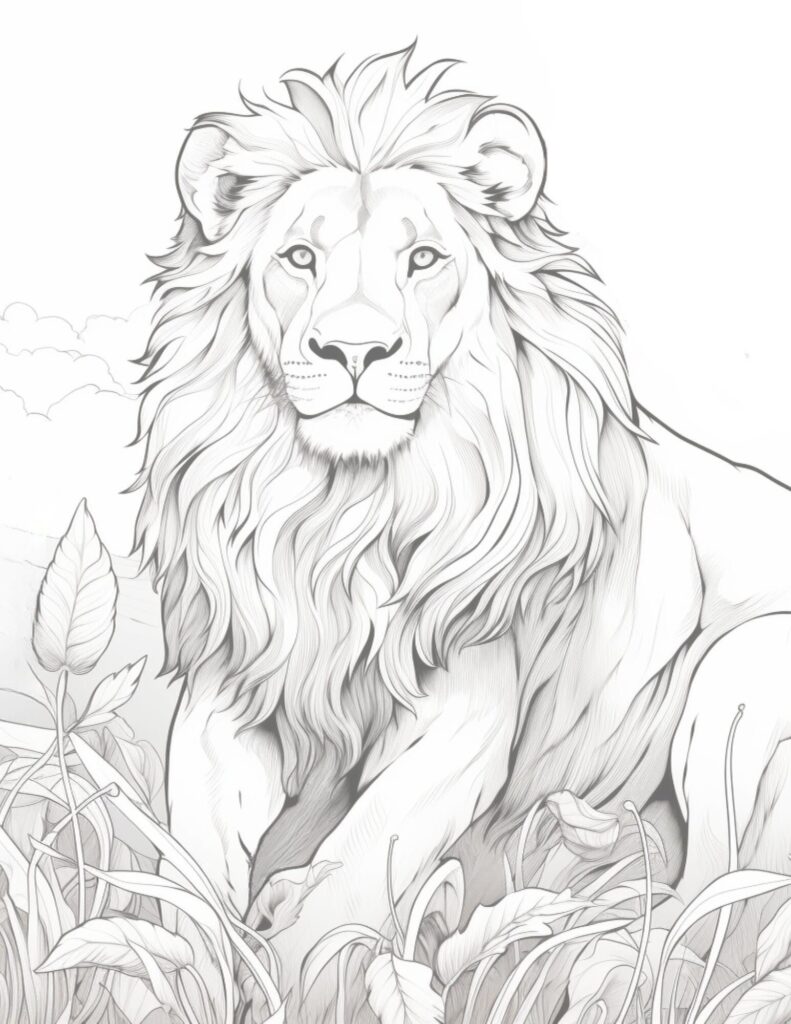 Sketch of a majestic lion with a flowing mane, sitting amidst tall grass and leaves, set against a cloudy backdrop.