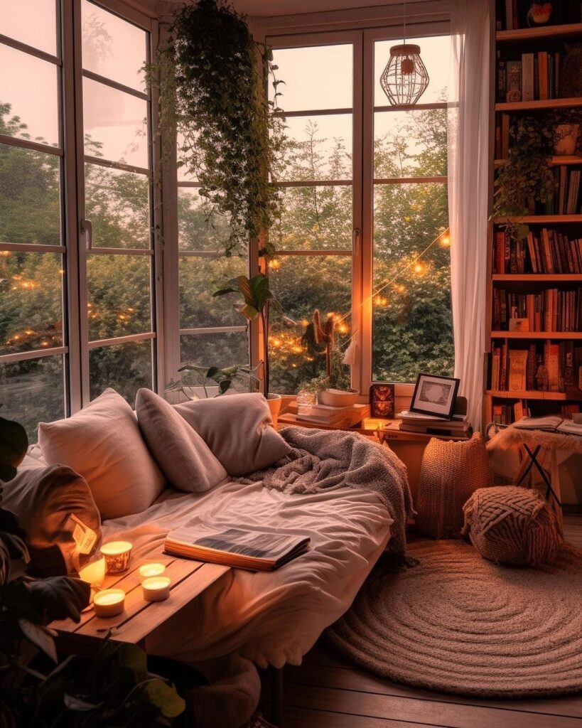 Cozy reading nook with fairy lights, candles, comfy sofa, and bookshelves by large windows with lush greenery outside.