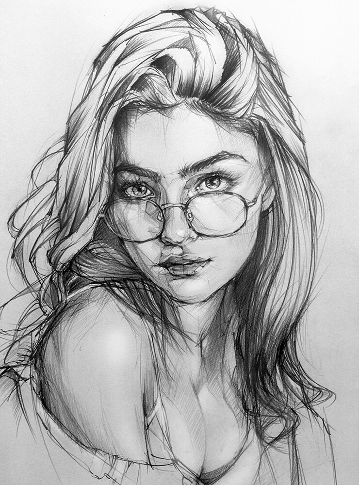 Detailed pencil sketch portrait of a woman with glasses and flowing hair.