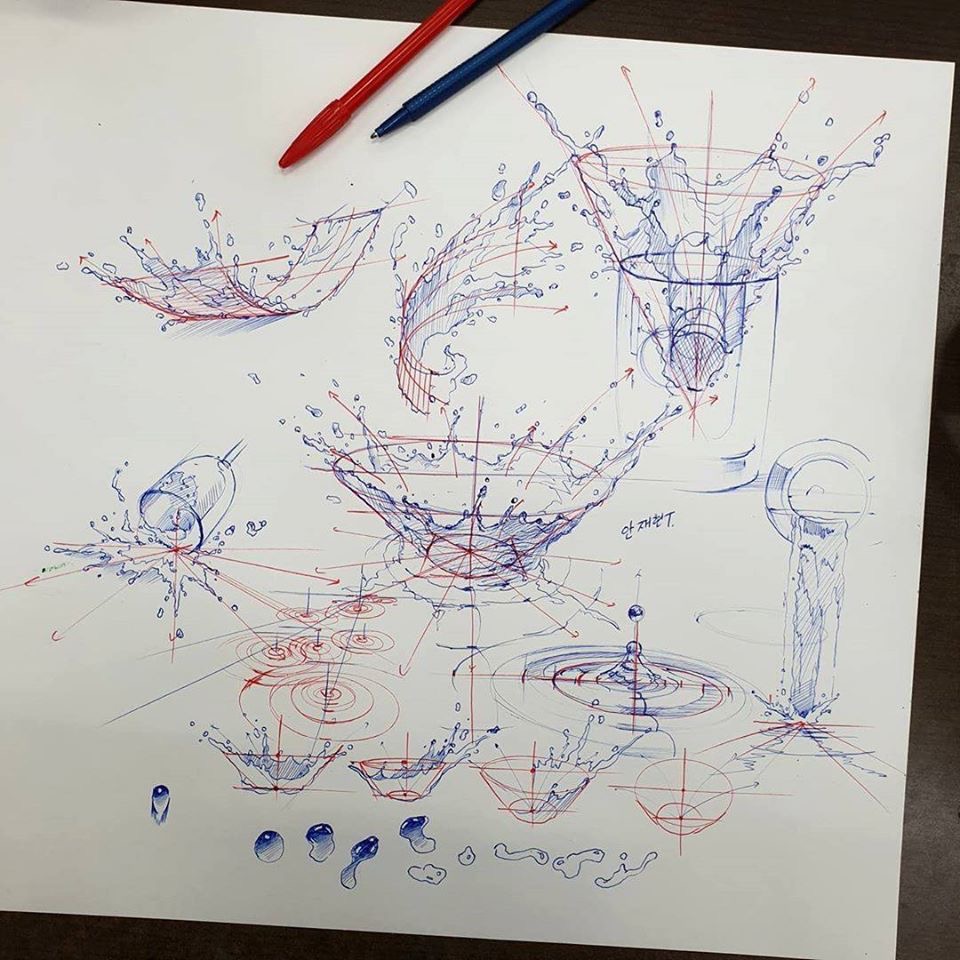 Detailed sketches of water splashes and ripples in blue and red ink with pens lying on a white paper sheet.