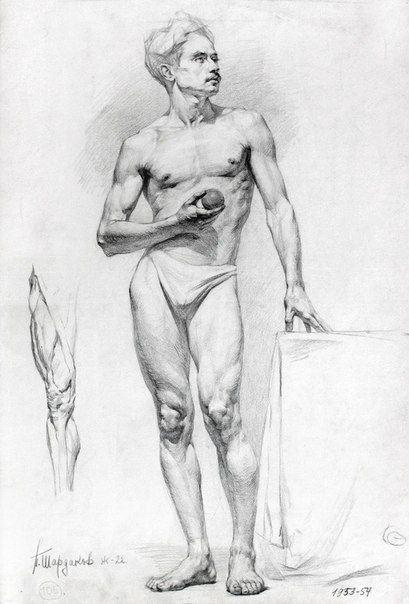 Black and white pencil drawing of a male nude figure standing, holding an apple, and leaning against a covered pedestal.