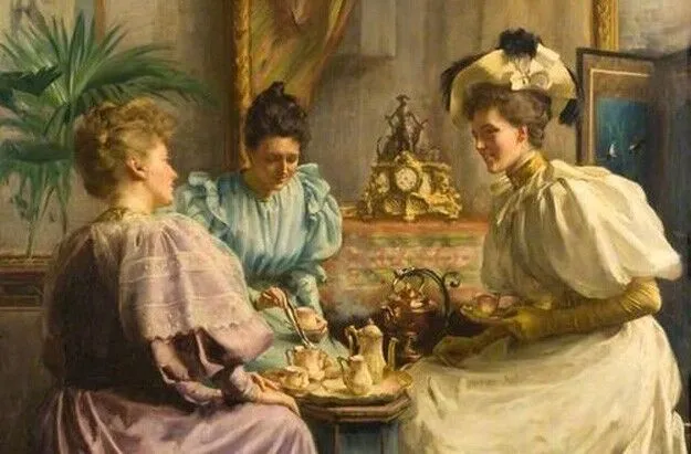 Victorian-era women enjoying a tea party with elegant dresses and vintage decor in a classic, ornate sitting room.