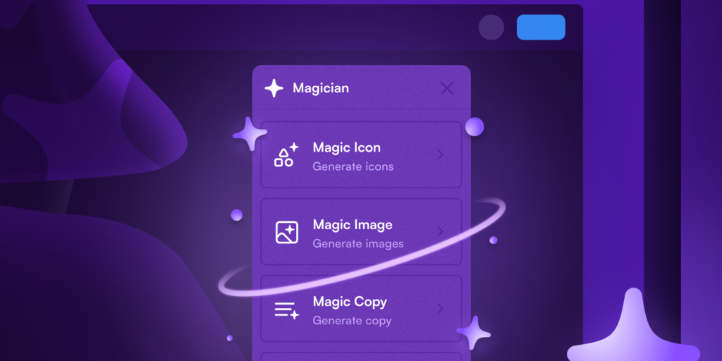 Magic Icon, Magic Image, and Magic Copy generation options in a purple-themed app labeled 'Magician' with a wizard hat graphic.