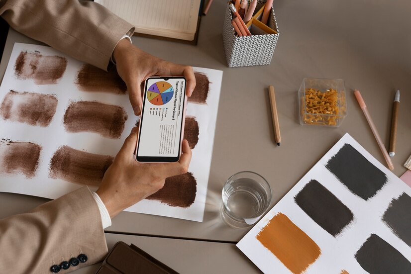 Designer reviewing color samples and a market analysis on a smartphone, surrounded by painting tools and swatches.