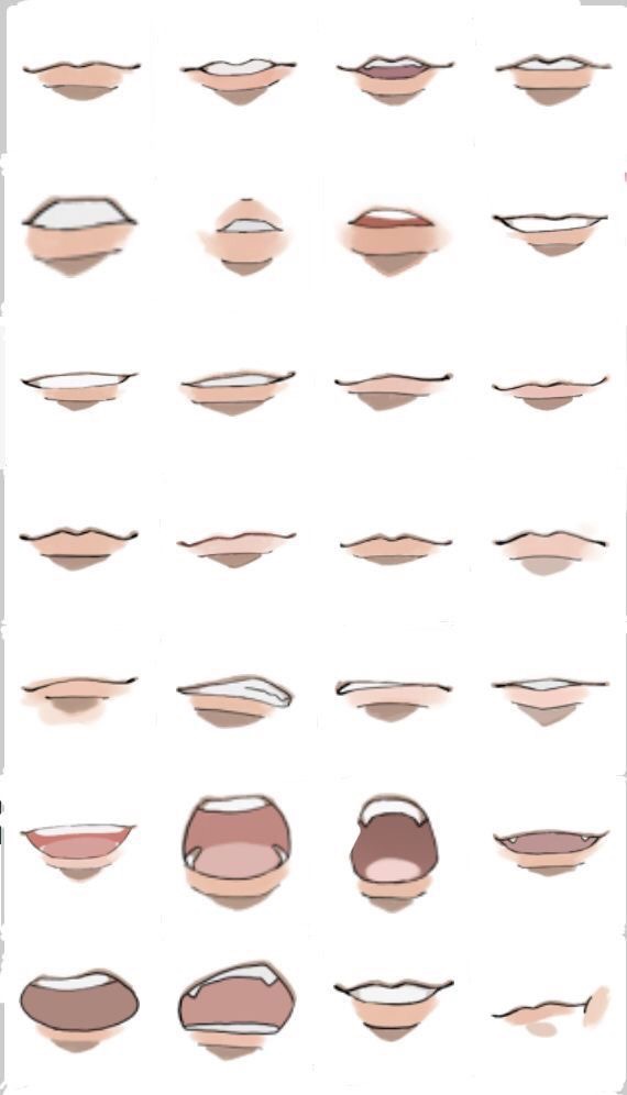 Anime character mouth expressions chart showcasing various emotions like happy, sad, angry, and surprised on a white background.
