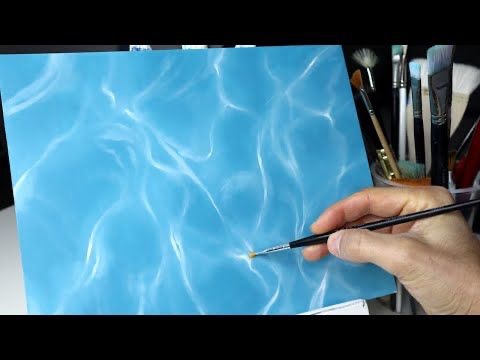 Artist painting realistic water reflections on canvas with brushes in background.