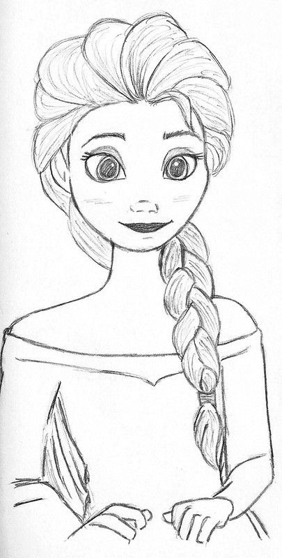 Hand-drawn sketch of a smiling character with braid and large eyes, resembling a popular animated figure in a simple dress.